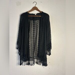Forever 21 Black Sheer Fringe Kimono‎ Medium Bohemian Whimsical